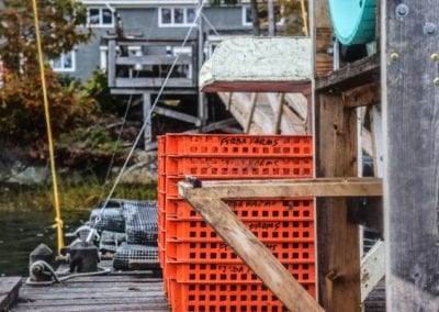 Ferda Farms Stacked oyster crates in Brunswick Maine
